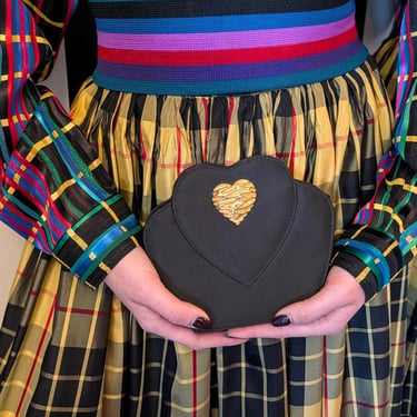 90s Gold Heart Clutch | Black Satin Evening Bag 