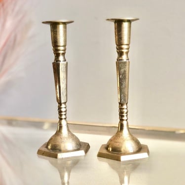 Pair of Vintage Etched Floral Brass Candlestick Holders: Cottagecore Farmhouse Decor 