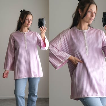 Vintage 60s Tonal Pink & Satin Sheen Striped Kurti Tunic w/ Embroidered Lace Trim Detailing | 1960s Artisan Blouse Boho Bohemian Caftan Top 