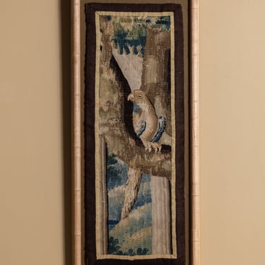 Flemish Bird Tapestry Fragment in Carved Oak Bamboo Frame, Flemish, 18th Century