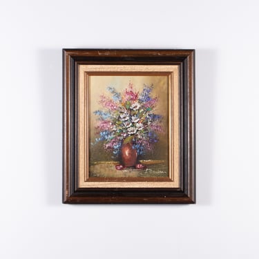 Vintage Floral Oil Painting – Colorful Wildflowers in a Vase, Signed Original Still Life 