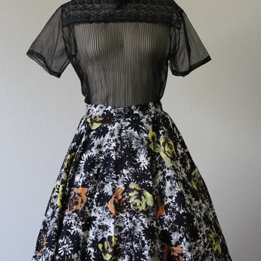 Vintage 50s Circle Skirt: Cabbage Rose Print, Rhinestone Detail, Size Small 