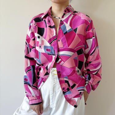 vintage silk blouse silk shirt button down silk top pink red black abstract art 90s retro style art deco size M 