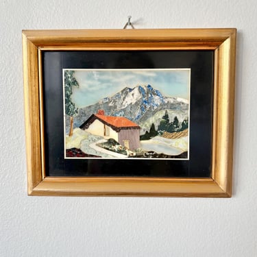 Vintage Pietra Dura Scenic Marble Mountain Scene Gold Framed 