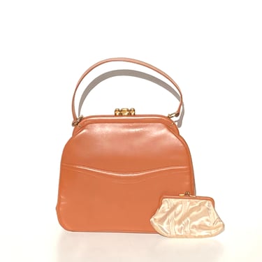 Elegant Vintage Harrods 50s Ginger/Tan Leather Top Handle Bag + Coin Purse 