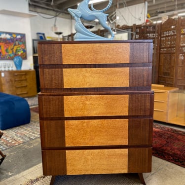 Art Deco Mahogany & Burl Maple Highboy Dresser by R-Way, c. 1947