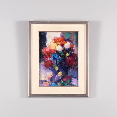Vintage Abstract Floral Oil Painting on Panel – Colorful Expressionist Flower Still Life 