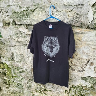 Vintage 1990's Jerzee's Graphic Wolf Alaska T-Shirt Black (XL) 