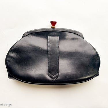 1940s Black Leather Handbag | 50 Black Leather Clutch | Dofan Made in France 