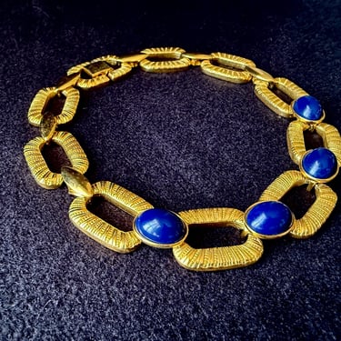 Statement Necklace, Chunky Links Chain, Faux Lapis Cabochons, Erwin Pearl, Vintage 70s 80s 