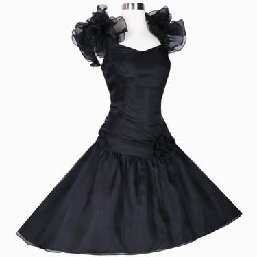 Vintage 80s Black Chiffon Ruffle Sleeve Hi Lo Full Skirt Prom Gown Party Dress M Medium Authentic True Classic Iconic Eighties 1980s Evening 