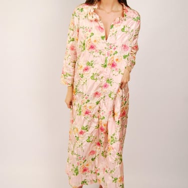 80s Floral Nightgown (2XL) pink vintage womens maxi dress 