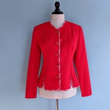 Vintage 1980s Red Button Down Tailored Jacket, Vintage 80s Fitted Cardigan Blazer 
