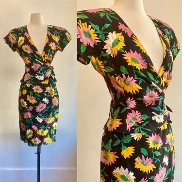 Vintage 80s EMANUEL UNGARO Skirt Suit Dress / Tropical Floral Cotton / Wrap Top + Fitted Pencil Skirt / Special Occasion / XS 
