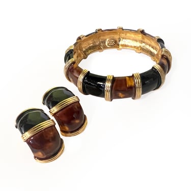 Vintage 'Original by Robert' Enamel Clamper Bracelet: 1950s Gold Tone Bangle and Earrings, Demi-Parure 