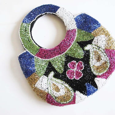 Vintage 80s Beaded Clutch - 1980s Top Handle Seed Bead Abstract Floral Evening Event Bag 