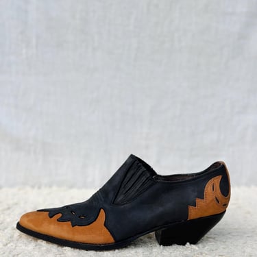 Vintage Guess by Georges Marciano Western Heels Size 10B Made in Spain | Black & Tan Leather Pointed Toe Cowboy Pumps 