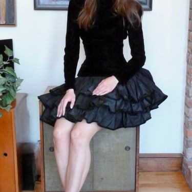 1980s Paris Couture Velvet Dress: Jean Paul Orrier Taffeta Ruffle Bustle, Size 2-6 