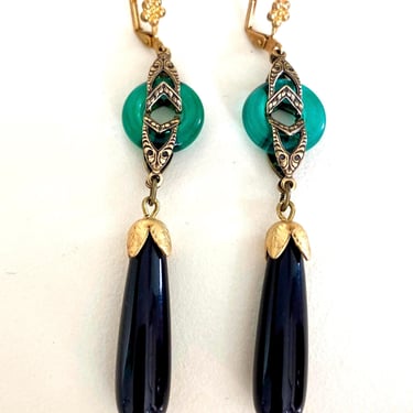 Art deco earrings 1920s Emerald Green glass Geometric drop earrings Art nouveau style drop earrings by BakeliteBa