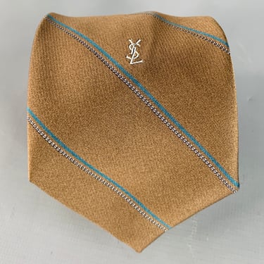 YVES SAINT LAURENT Vintage Brown Teal Diagonal Stripe Silk Skinny Tie