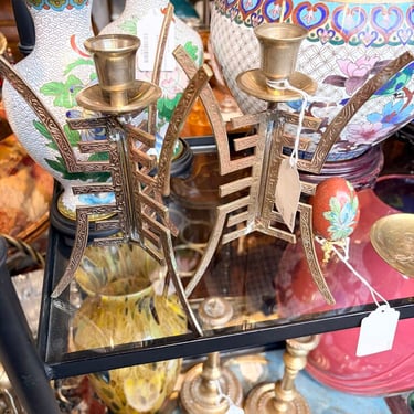 Fritz brass Chinoiserie pair of candleholders