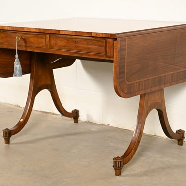 Baker Furniture Regency Inlaid Yew Wood Writing Desk or Console Table, Circa 1980s