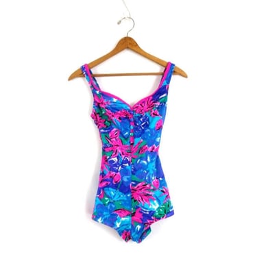 90s Floral Swim Suit Vintage swimsuit Blue & Pink Bathing Suit Women's Size 8 