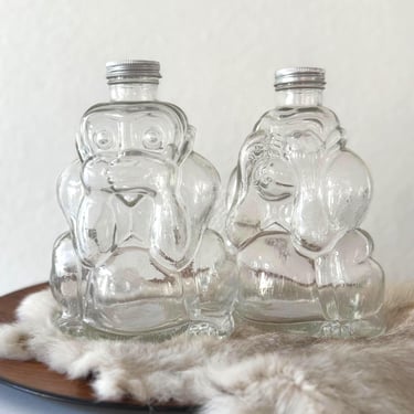 vintage clear glass hear no evil monkey decanter bottles with caps 