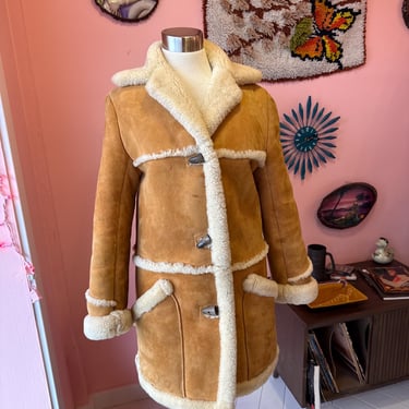70s Vintage Tan Shearling Coat with trim fits Sm M by cherba