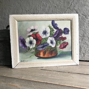 French Floral Oil Painting, Anemones in Vase, Still Life, Framed, Oil on Board, Signed, Colorful Floral Painting 