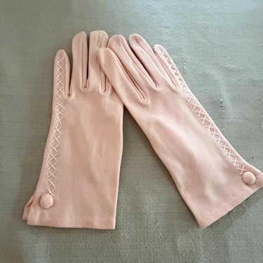 Vintage 1950’s era short pink gloves, fancy dress gloves, button accent 