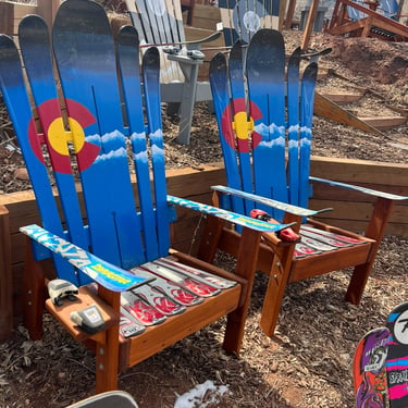 Set of 2 Custom Ski Chairs – Colorado Flag Mountain Stripe and Night Sky, Recycled Skis 