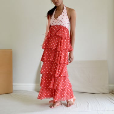 chiffon ruffle 70s polka dot maxi halter dress 