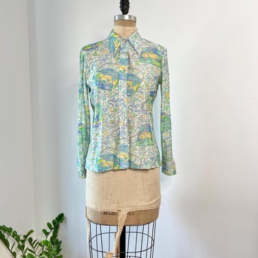 1970s Psychedelic Fairy Teapot Print Disco Shirt 