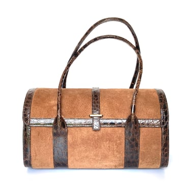 Exquisite Vintage Rare Mappin & Webb 'Speedy' Style Crocodile Leather/Suede Handbag Rich Chocolate Brown 
