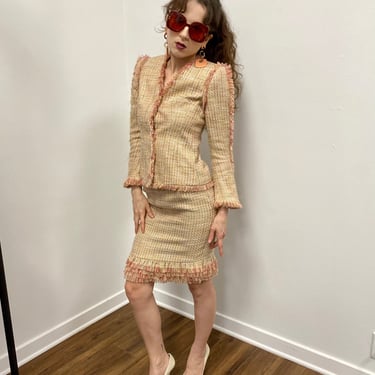 Vintage 90s Fe Zandi Beverly Hills tweed Wool Chanelesque Jacket blazer skirt set suit XXS XS 