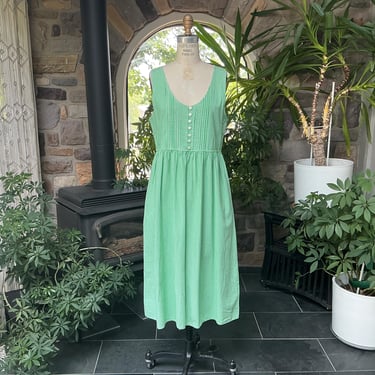 Vintage 1990s Green White Cotton Gingham Empire Waist Jumper Dress Karen Scott 