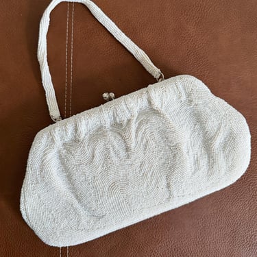 Vintage white seed  beaded cocktail evening bag, top handle, clutch, bridal wedding purse 