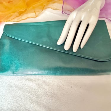 Dark Green Leather Clutch, Nina, Long Slender Shape, Spain, Vintage 70s 80s Purse, Crossbody Optional 