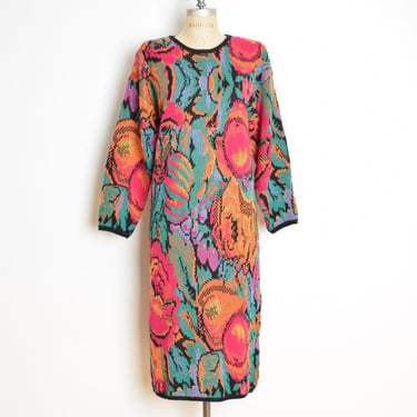 vintage 80s sweater dress colorful knit fruit floral midi long sleeve M L 