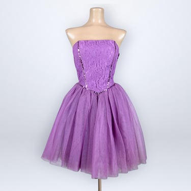 Vintage Y2K Betsey Johnson Lilac Corset Tutu Dress Medium Lace Strapless Party Mini VFG 
