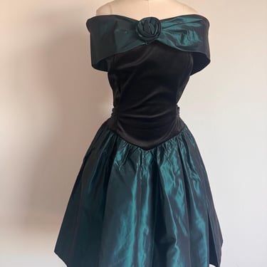 Vintage 80s Black Velvet Teal Mini Holiday Cocktail Dress Dropwaist Taffeta Skirt; 90s Velvet Rose Christmas Holidah Dress Metallic Skirt 