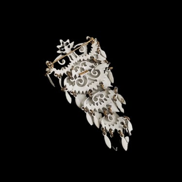 midcentury modern monet brooch, white articulated dangly pin, vintage costume jewelry, signed statement piece mothers day gift for her 