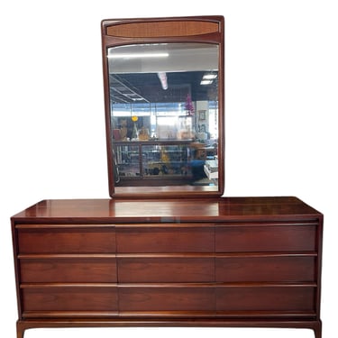 Mid Century Walnut ‘Rhythm’ Collection Lowboy Dresser with Cane Mirror by Lane Furniture, c. 1970