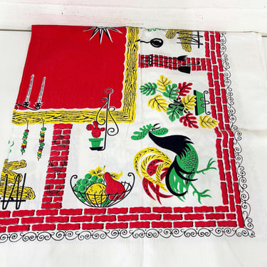 Vintage Floral Tablecloth Country Print Pattern Mid-Century Small Square Table Cloth Dining Kitchen Rooster Farmhouse 1950s 