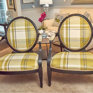 Pair of Ralph Lauren Chairs in Chartreuse Green & Ivory Plaid Upholstery