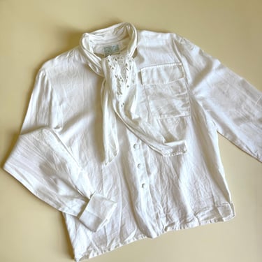 RESERVED for Rebecca - 1980s Emmanuelle Khanh off white flannel blouse, embroidered scarf collar, long sleeves 