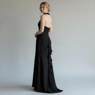 Vintage Y2K Betsy & Adam Black Halter Ruffle Back Long Gown Black Tie Prom Dress Size 4 