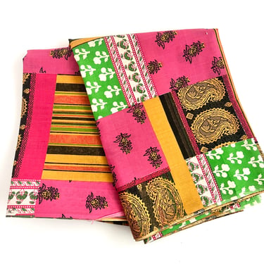 1960s VINTAGE HIPPIE FABRIC, Cotton Peter Pan Yardage, 3 Yards, Sari-Style Paisley Patchwork, Oraeg Pink Green, Boho Chic Decor Fashion 