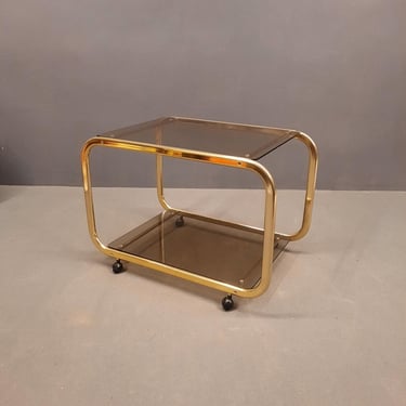 Vintage Italian Brass and Smoked Glass Bar Cart, 1970s Serving Trolley on Wheels 